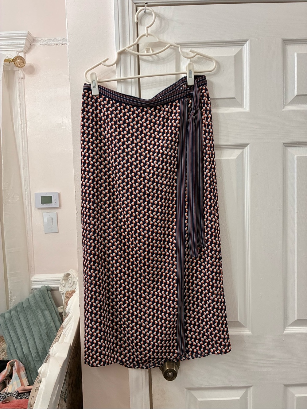 Max Studio Navy and Pink Patterned Midi Wrap Skirt with Side Tie